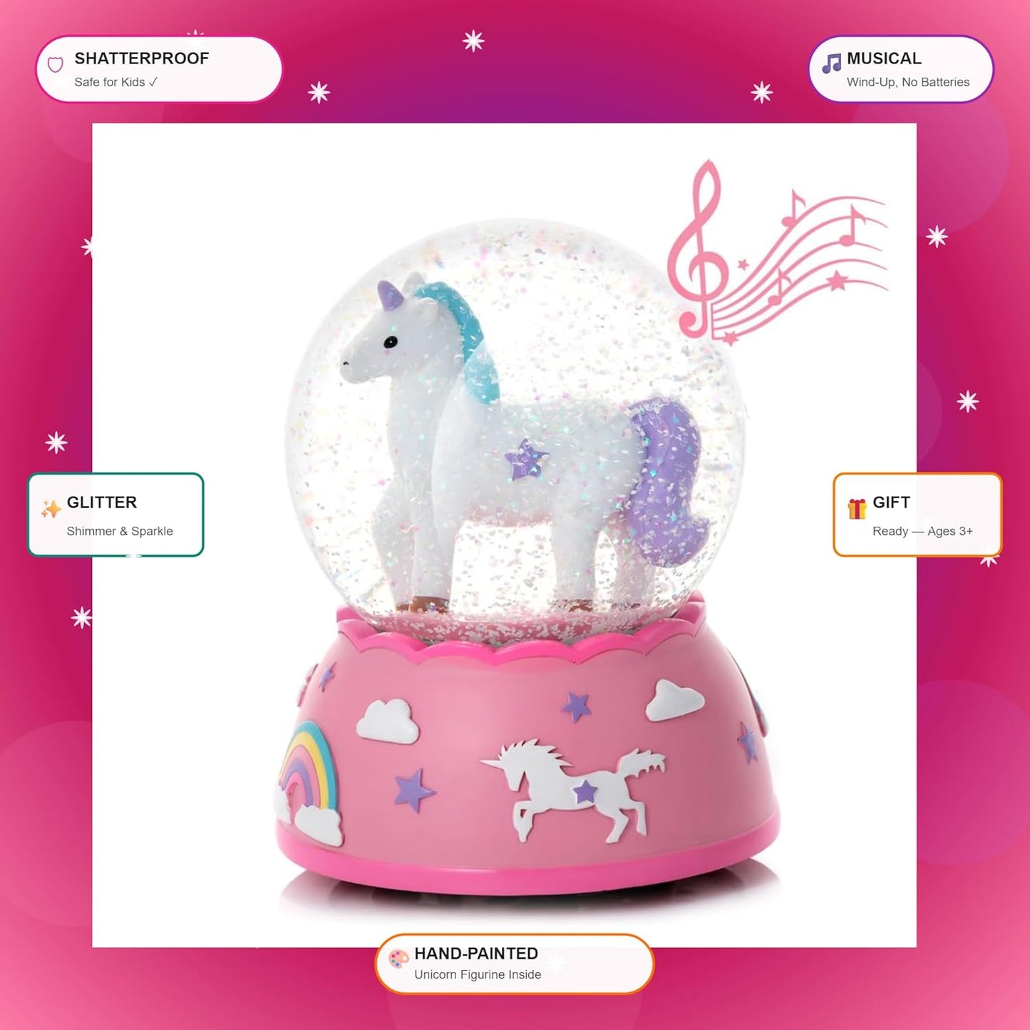 Shatterproof Unicorn Snow Globe for Girls - Handpainted with Musical Melody - Plastic Snow Globes for Kids - Unbreakable Snow Globe - Child Safe