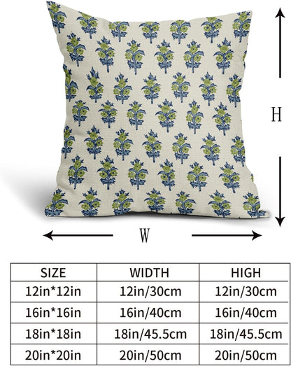 Sage Green Blue Floral Block Print Pillow Covers 18x18 Set of 2 Spring Flower Pattern Decorative Throw Pillowcases Outdoor Rustic Farmhouse Square Cushion Cases Decor for Home Couch Sofa Bed