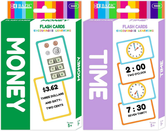 Addition and Subtraction Flash Cards Set for Parents, Educators, Self Study Math Learning Educational Cards - 35 Cards + 1 Instruction Card per Set - 2 Sets (Time & Money)