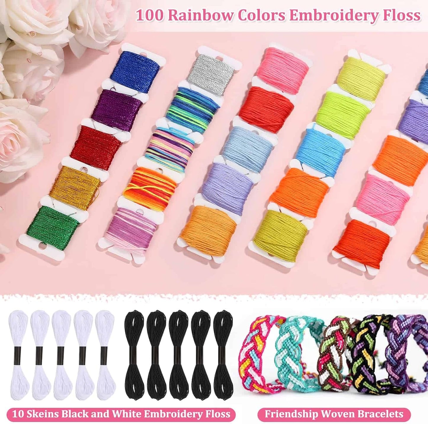 PAXCOO 985Pcs String Bracelet Making Kit, Friendship Bracelet String Kit with 110 Skeins Embroidery Floss Cross Stitch Thread, 830 Beads for Friendship Bracelet Making, 45Pcs Embroidery Tools
