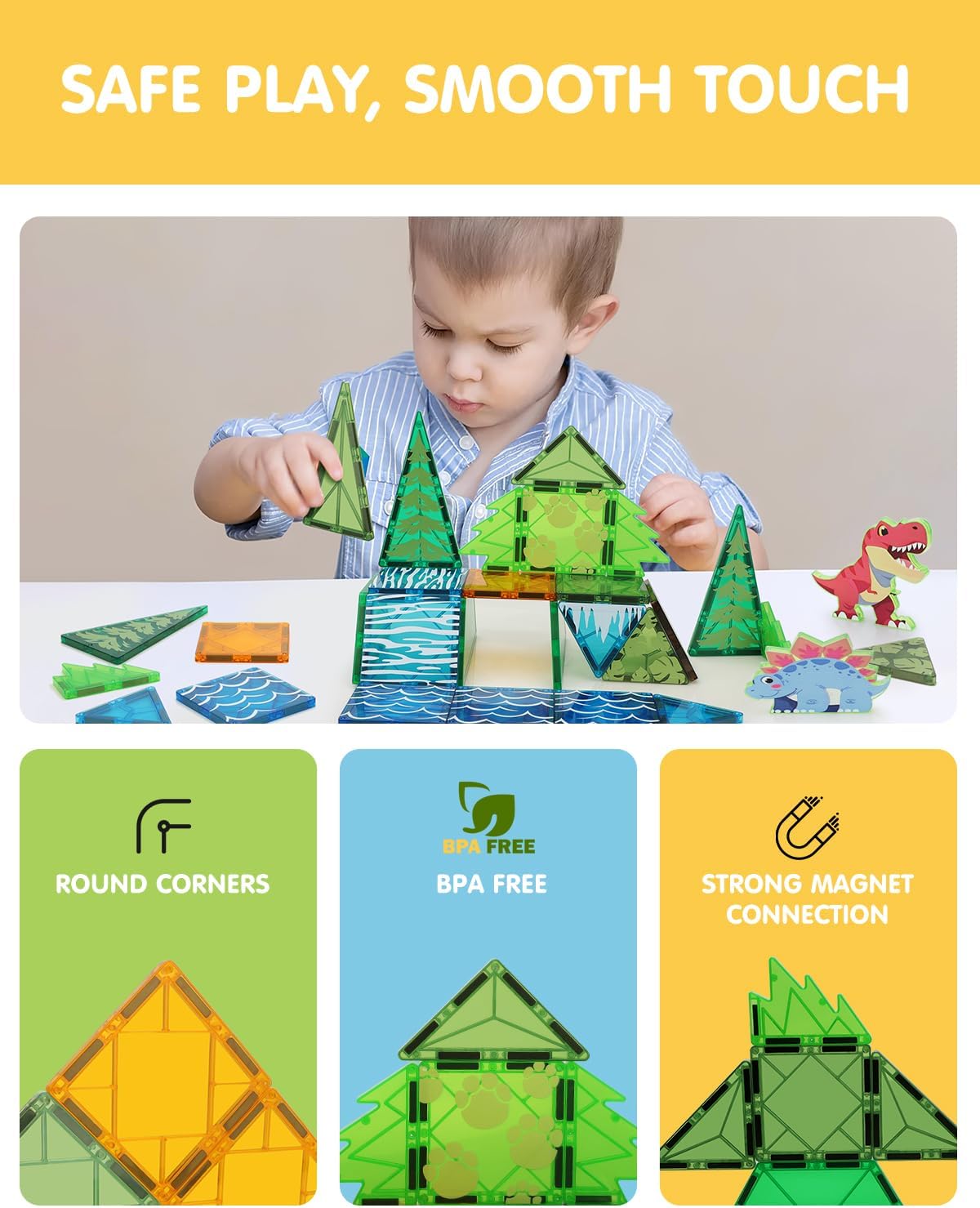 Magnetic Tiles Animals & Dinosaurs Toys, STEM Educational Building Blocks, Sensory Set 35 PCS for Toddlers Kids Ages 3-5 5-7, Boys Girls Birthday Gift Age 3+