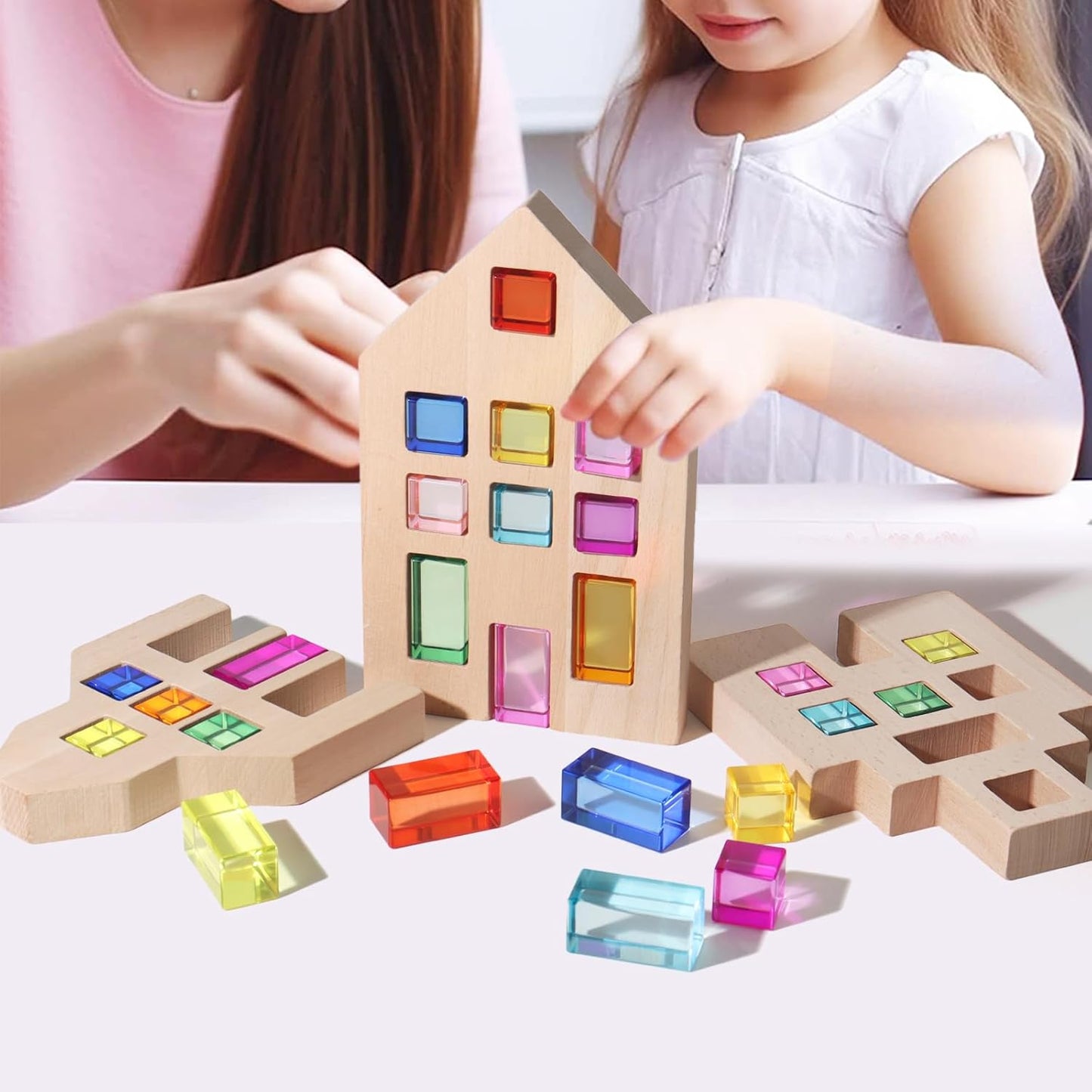 30 Pcs Mixed Acrylic Blocks Set - 10 Long (2.5x2.5x5CM) + 20 Cube (2.5x2.5x2.5CM) Rainbow Gem Blocks, Sensory Stacking Toy for 1 2 3 4 Years Old, Boys Girls Gift with Rich Building Possibilities