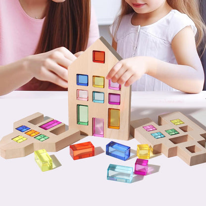 30 Pcs Mixed Acrylic Blocks Set - 10 Long (2.5x2.5x5CM) + 20 Cube (2.5x2.5x2.5CM) Rainbow Gem Blocks, Sensory Stacking Toy for 1 2 3 4 Years Old, Boys Girls Gift with Rich Building Possibilities