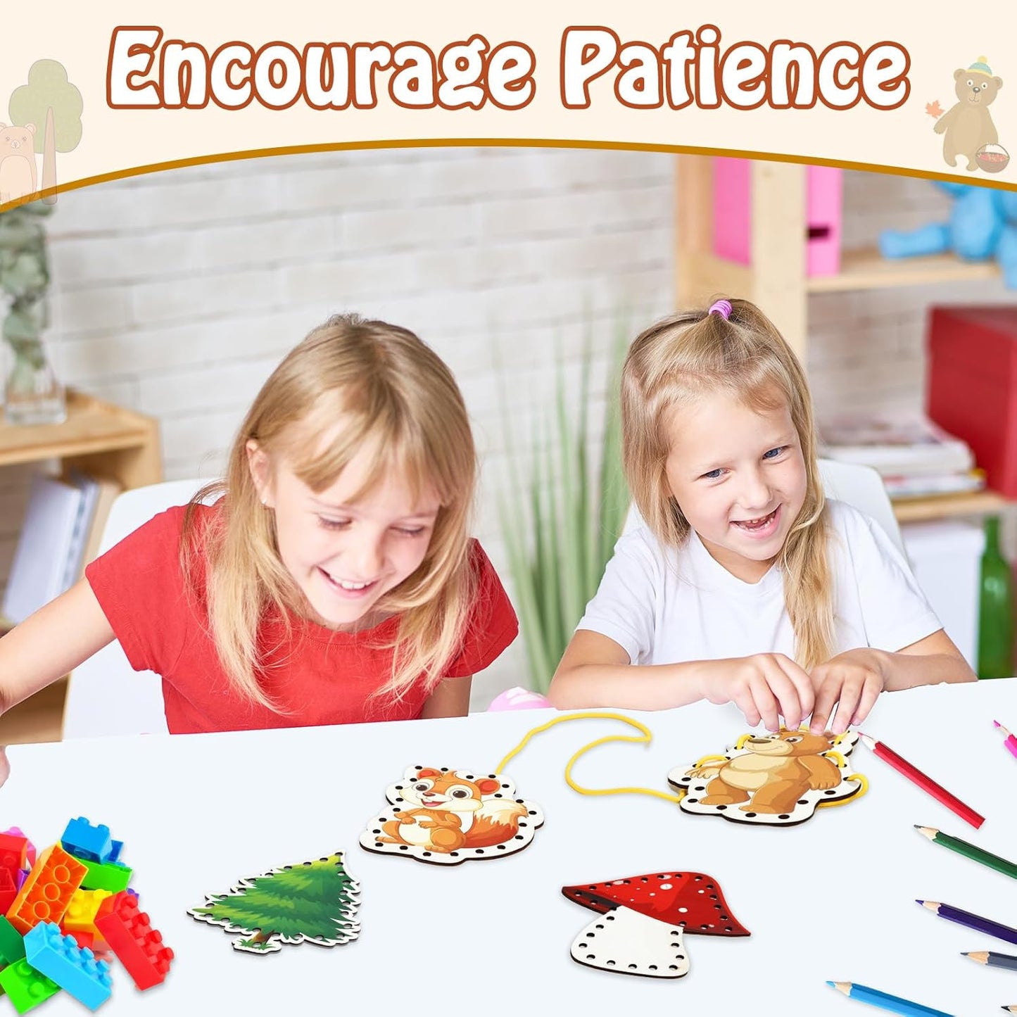 Montessori Wooden-Lacing Cards, Fine Motor Skills, Cute Bear Lacing Cards (Forest)