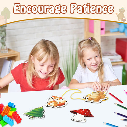 Montessori Wooden-Lacing Cards, Fine Motor Skills, Cute Bear Lacing Cards (Forest)