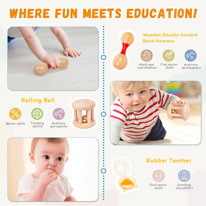 Adena Montessori Play Kit for 3-4 Months Baby,8 in 1 Wooden Learning Educational Toys for Toddler,Include Framed Mirror Book,High-Contrast Cards and More,Christmas Birthday Gift for Boys Girls