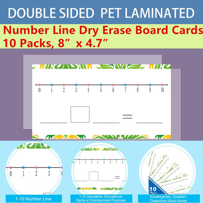 Dry Erase Number Line Board Card, 10 Packs, 8” x 4.7”, Double Sided Writable and Erasable Board-0-10 on One Side & Blank Whiteboard on Other Side for Kids, Students, School Classroom Supplies