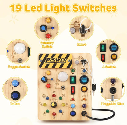 Sanlebi LED Busy Board for Toddlers 1-3,Montessori Toy with Key Switch, Light Up Wood Activity Sensory Board for Fine Motor Skills, Educational Travel Toy Gift for 1 2 3 Year Old Boys Girl