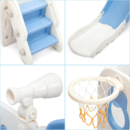 NYEEKOY 8-in-1 Toddler Slide and Climber Playset, Kids Slide Playground with Stairs, Tunnel, Telescope, Storage, Basketball Hoop and Ball, Indoor Outdoor, 1-3 Years Old, Blue