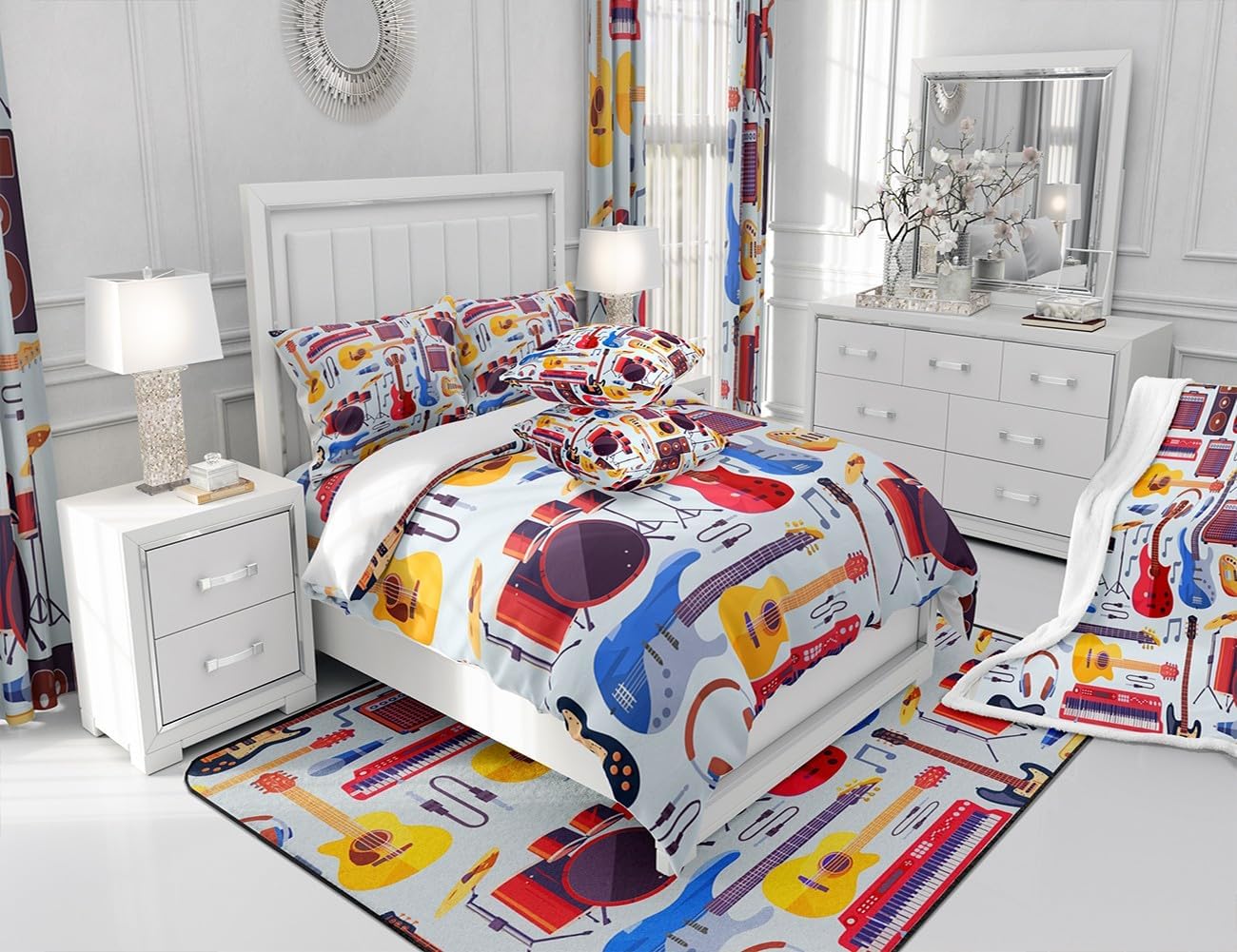 Manfei Musical Kids Fitted Sheet Full Size, MusicalGuitar Radio Drum Kit Headset Print Bedding Set 3pcs for Boys Girls, Rock Music Bed Cover with 2 Pillowcases, Soft Polyester Bedding, No Top Sheet