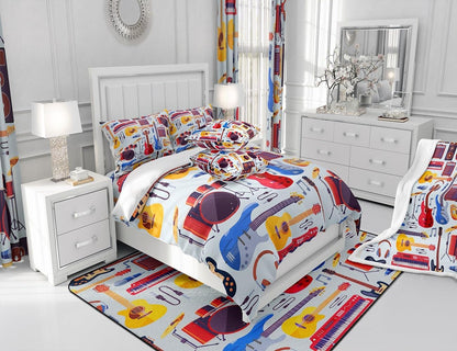 Manfei Musical Kids Fitted Sheet Full Size, MusicalGuitar Radio Drum Kit Headset Print Bedding Set 3pcs for Boys Girls, Rock Music Bed Cover with 2 Pillowcases, Soft Polyester Bedding, No Top Sheet