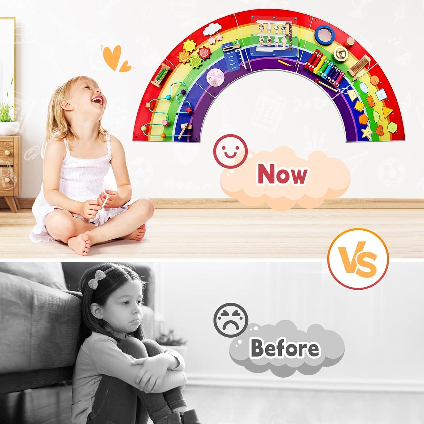 Rainbow Sensory Wall Panel for Toddlers 1-3 - Large Wooden Busy Board Wall Mount - 13-in-1 Montessori Activity Center for Daycare, Autism Sensory Room, Preschool Learning & Nursery Decor