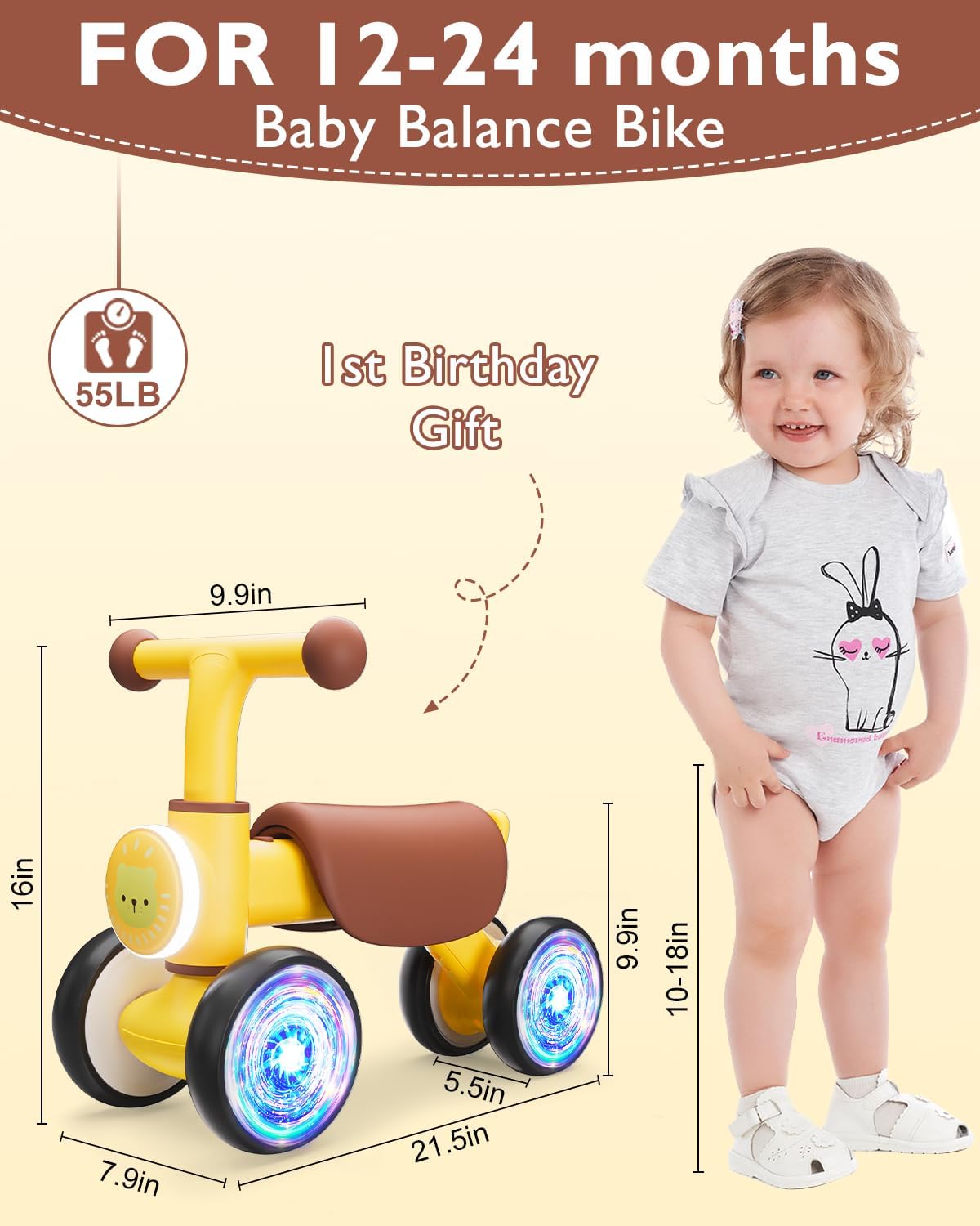 Toddler Toys Balance Bike for 1 Year Old Girl Gifts,4 Wheels Colorful Lighting with Music Baby First Bike,Toddler Girl Toys Balance Bike for 1st 2 Year Old Birthday Gifts