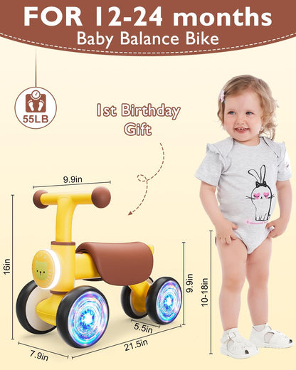 Toddler Toys Balance Bike for 1 Year Old Girl Gifts,4 Wheels Colorful Lighting with Music Baby First Bike,Toddler Girl Toys Balance Bike for 1st 2 Year Old Birthday Gifts