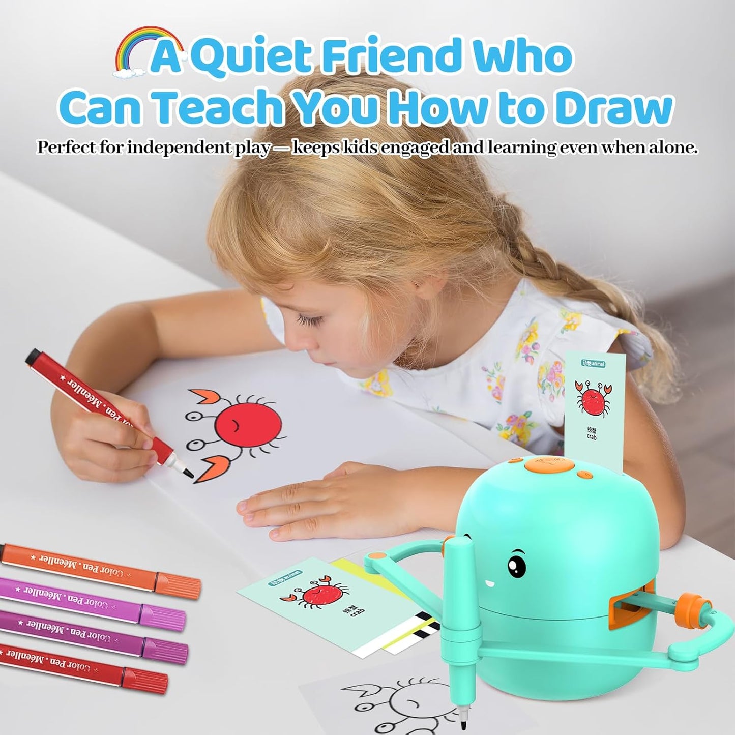 Drawing Robot for Kids with 150 Learning Cards and 17 Colorful Pens, Voice Interactive Educational Smart Art Painting Machine, Step-by-Step Drawing Guidance for Boys Girls Early Learning & STEM Toys