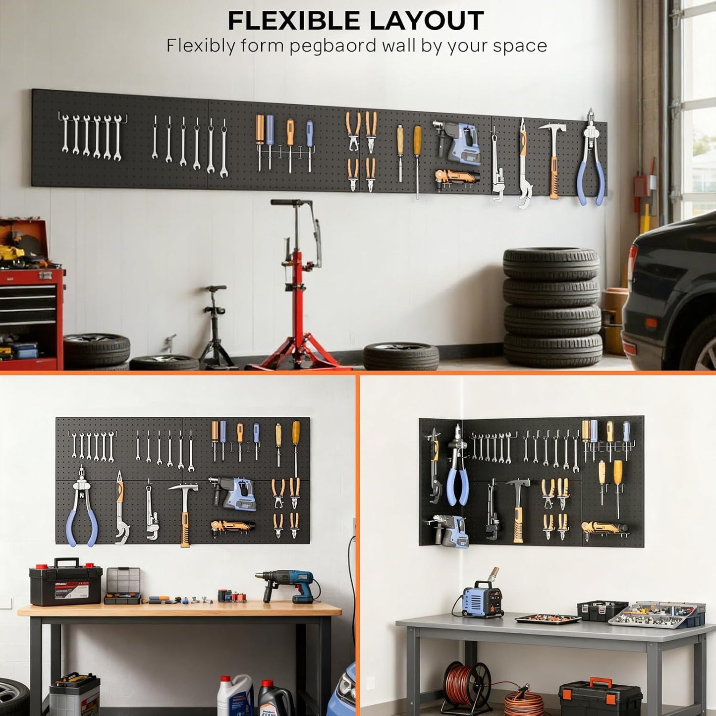 INCLY 70PCS Pegboard Wall Organizer, 4PCS Metal Peg Board Panels with 66PCS 1/4" Pegboard Hooks Accessories Kit, Black Peg Board for Walls Home, Garage Tool Storage, Workbench Organization
