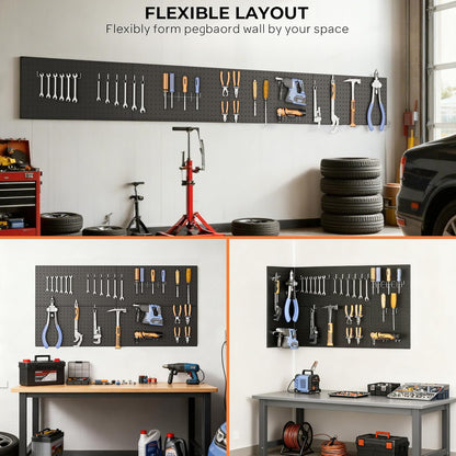 INCLY 70PCS Pegboard Wall Organizer, 4PCS Metal Peg Board Panels with 66PCS 1/4" Pegboard Hooks Accessories Kit, Black Peg Board for Walls Home, Garage Tool Storage, Workbench Organization