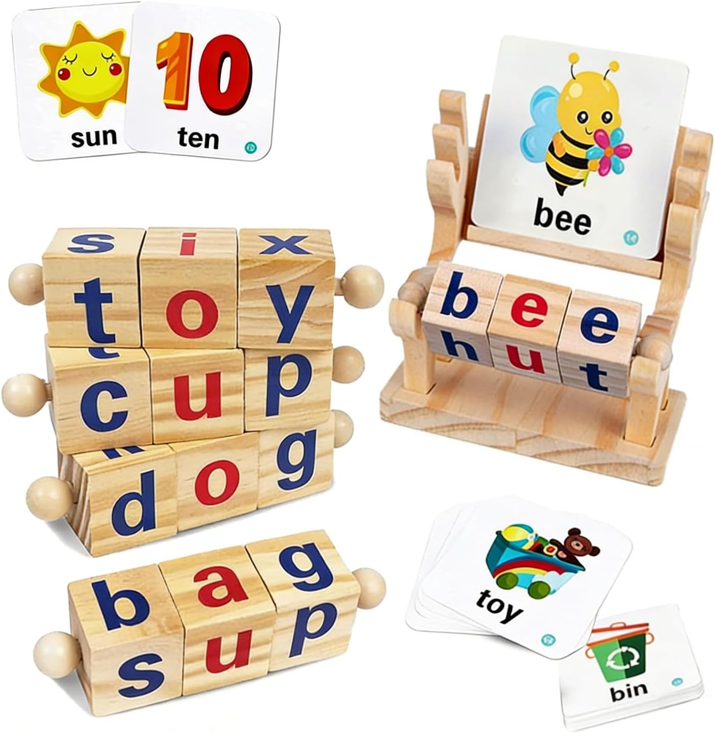 Wooden Reading Blocks, 5 Sets of Short Vowel Rods and 40 Sight Words Flash Cards, Turning Rotating Letter Puzzle for Kids, Montessori Spelling Toy for Preschool Boys Girls Ages 3+