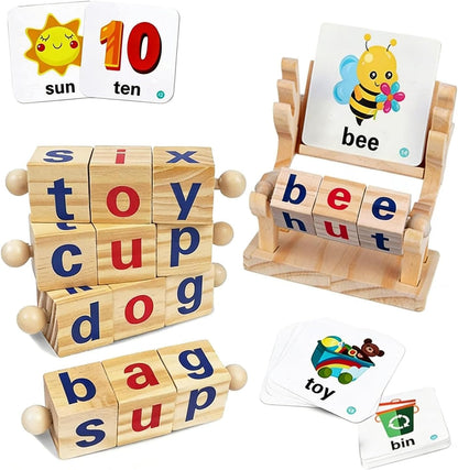 Wooden Reading Blocks, 5 Sets of Short Vowel Rods and 40 Sight Words Flash Cards, Turning Rotating Letter Puzzle for Kids, Montessori Spelling Toy for Preschool Boys Girls Ages 3+