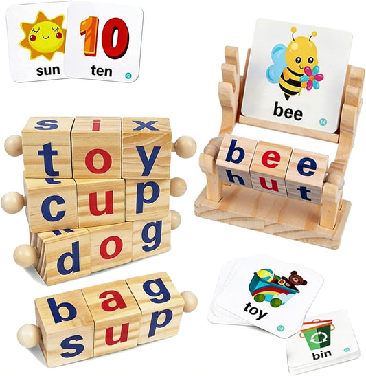 Wooden Reading Blocks, 5 Sets of Short Vowel Rods and 40 Sight Words Flash Cards, Turning Rotating Letter Puzzle for Kids, Montessori Spelling Toy for Preschool Boys Girls Ages 3+