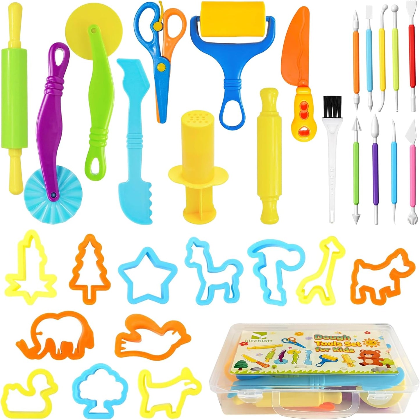 Kleeblatt Dough Tools Set for Kids - 19 Pcs Playdough Kit with 9 Basic Dough Tools, 9 Double-Headed Clay Carving Tools & Cleaning Brush, Safe for Toddlers Ages 2-8, for Clay/Plasticine/Sand