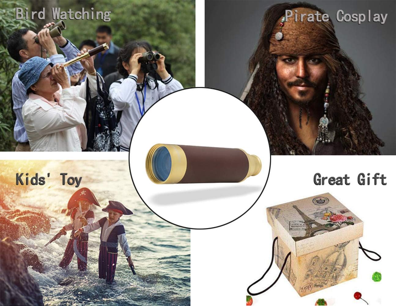 Retro Pirate Telescope Zoomable 25x30 Pocket Monocular Portable Collapsible BAK-4 Lens Captain Jack's Spyglass Handheld Telescope Vintage Telescope for Kids