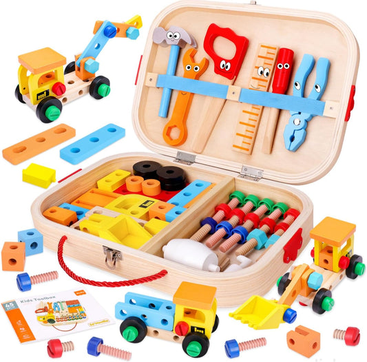 MindPal 45 Pcs Kids Tool Set, Toddler Tool Set with Tool Box, STEM Construction Preschool Educational Toys for Age 3 4 5 6 7 Boys Girls, Wooden Tool Kits Toys, Christmas Birthday Present for Kids