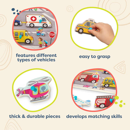 B. toys – Peek & Explore – Vehicles – Wooden Peg Puzzle for Toddlers, Kids – 8 Pieces – Fire Truck, Airplane, Taxi & More – 2+ Years