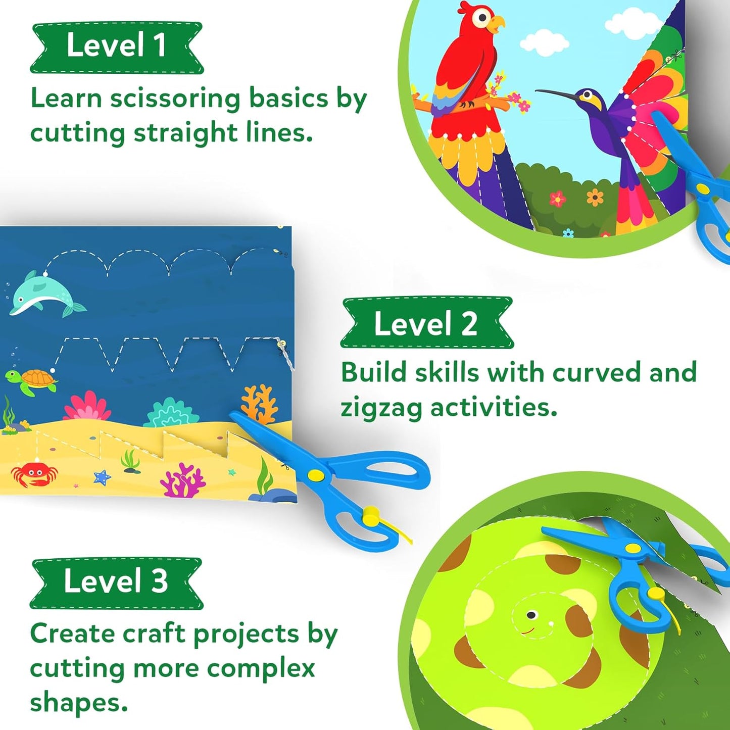 Skillmatics Scissor Skills Activity Book - Snip Snip, 25 Cutting Activities for Preschoolers, Felt Craft Kit, 2 Child-Safe Scissors, Fine Motor Skills, Screen-Free Fun, Gifts for Kids Ages 3-7