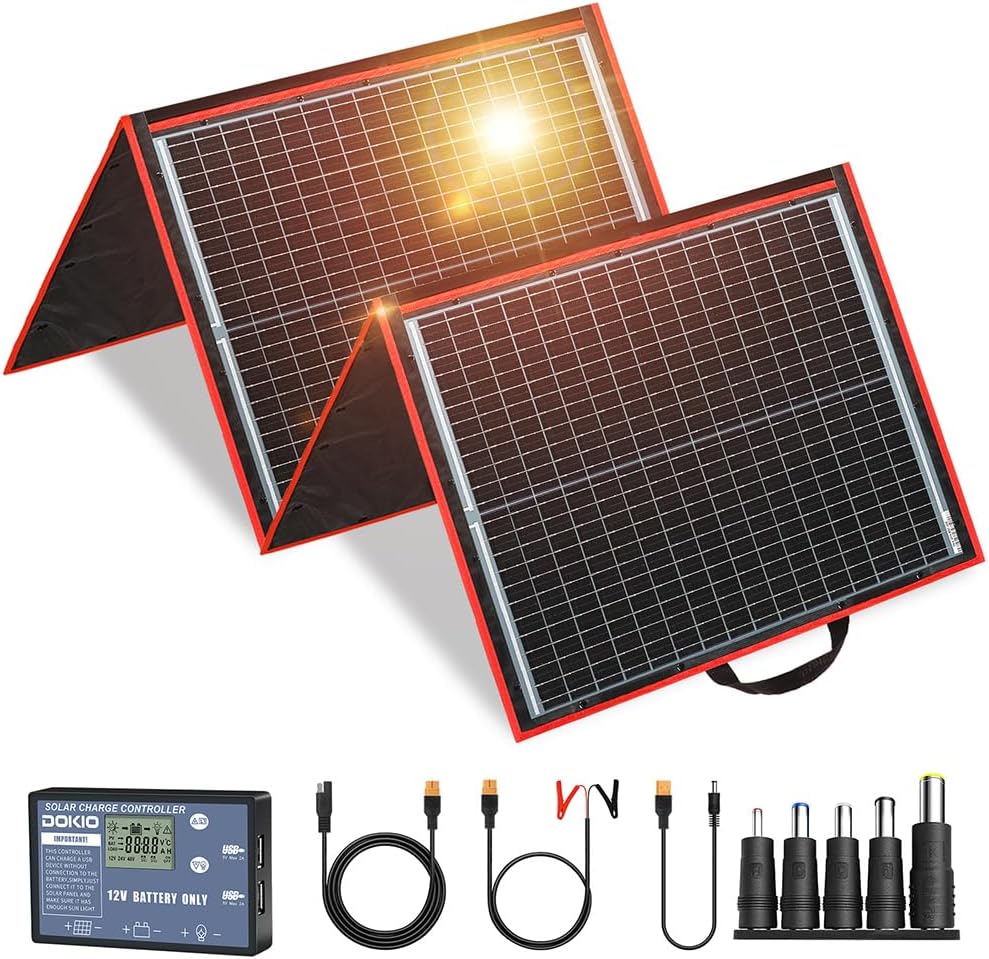 DOKIO 100W Portable Foldable Solar Panel Kit, Compact 18.9x26in Design 5.3lb with Standalone Controller and USB, Monocrystalline Charger for 12V Batteries, Power Stations, RV Camping Emergency Use