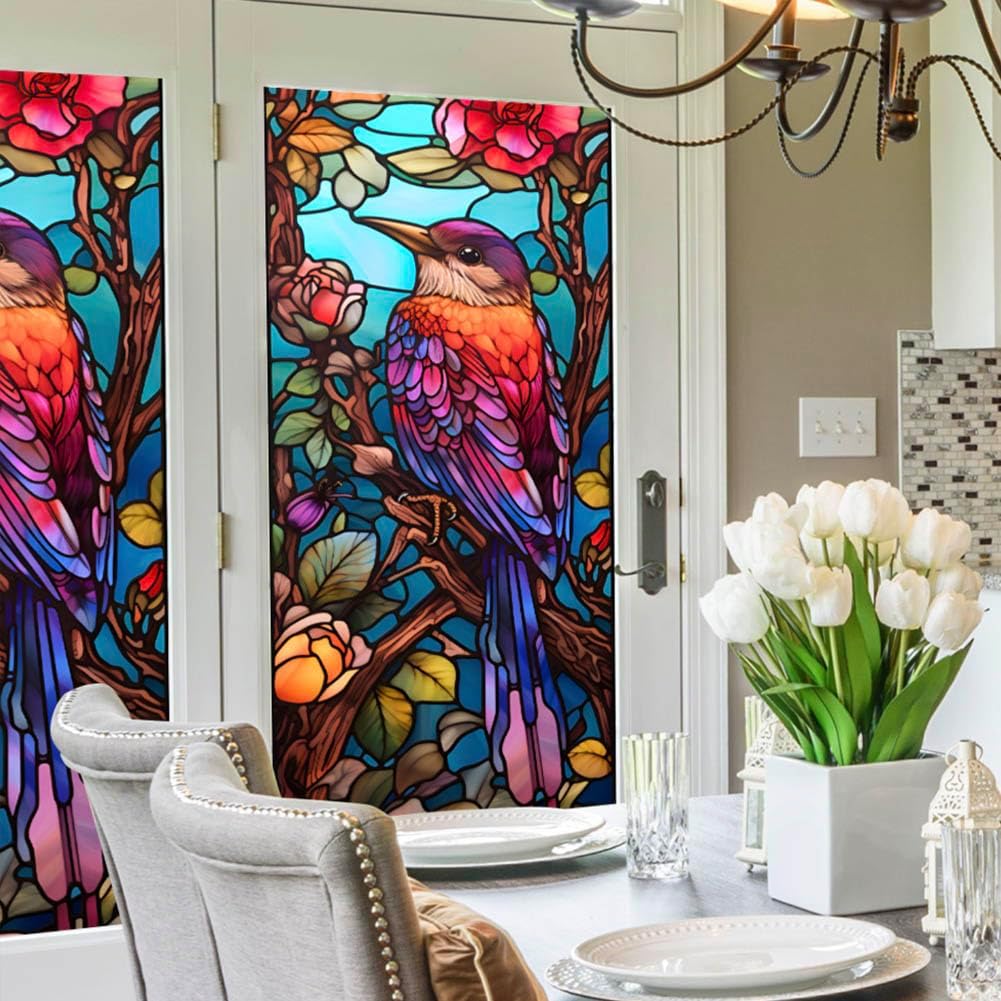 JOONOR Privacy Window Film Stained Glass Window Sticker Non-Adhesive Frosted Glass Film Decorative Magnolia Flower Pattern Static Cling Decals for Home UV Blocking/Heat Insulation 17.7 x 39.4 Inch