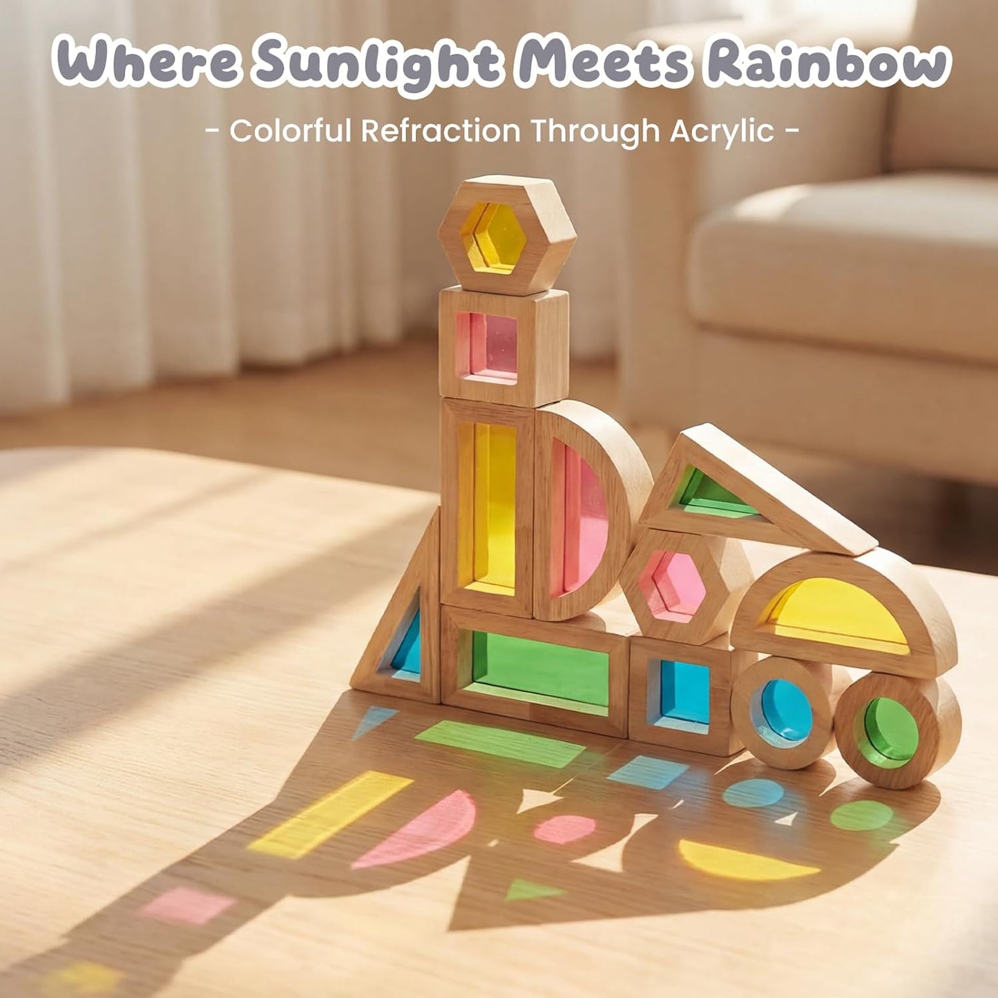 WOODENFUN Wood Building Blocks Set for Kids, 32 Pcs Rainbow Stacker Stacking Game Construction Toys Set Preschool Colorful Learning Educational Toys, Geometry Wooden Blocks for Boys Girls