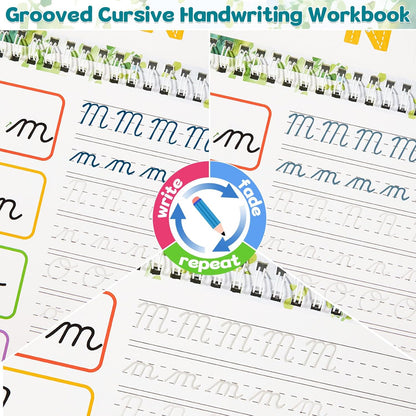 chiazllta Grooved Cursive Handwriting Workbook with Disappearing Ink Pens Magic Reusable Grooved Cursive Writing Practice for Beginners Kids Kickoff Student Workbook Homeschooling Supplies (Letters)