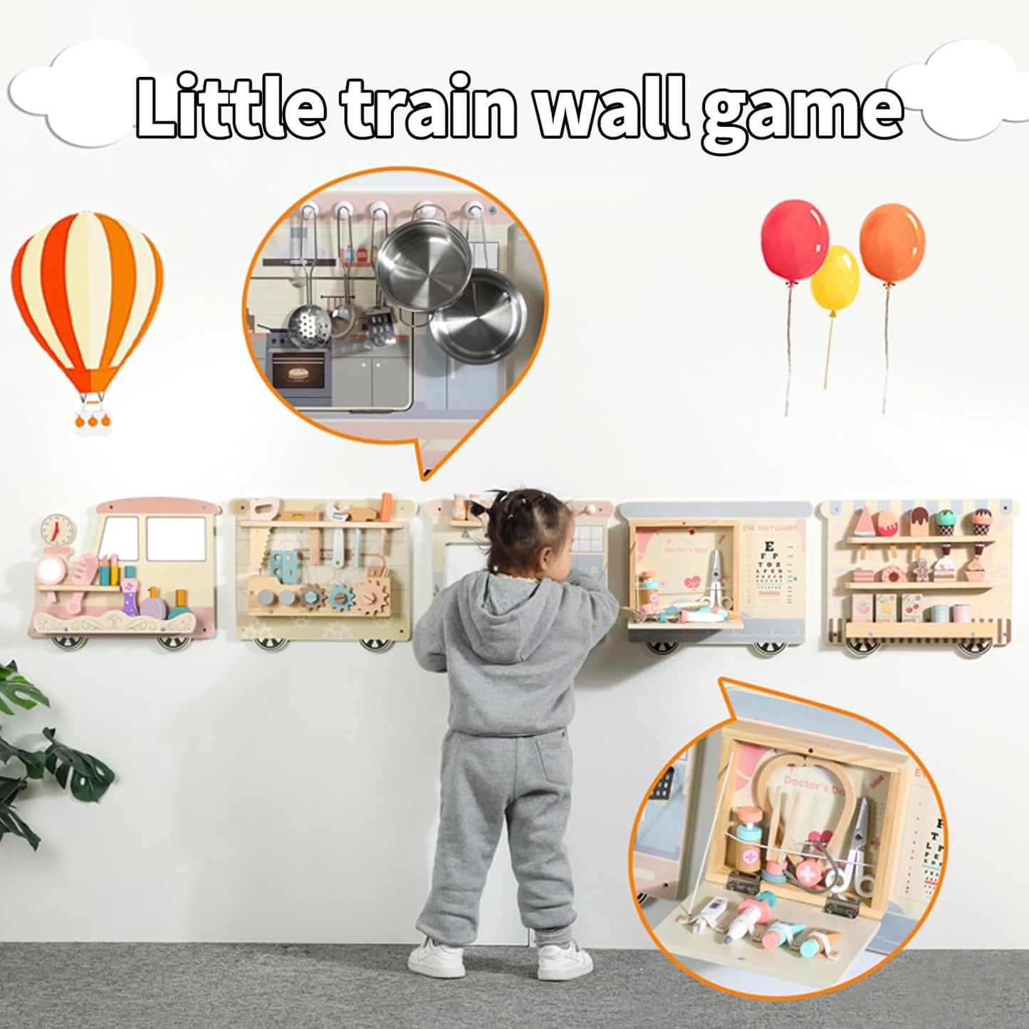 Wooden Sensory Wall Panel for Kids Activity Wall Busy Board with Wooden Toolboxes, Kitchen, Doctor Kit & More! Wall-Mounted Learning Toy for Preschoolers (3+), STEM Play