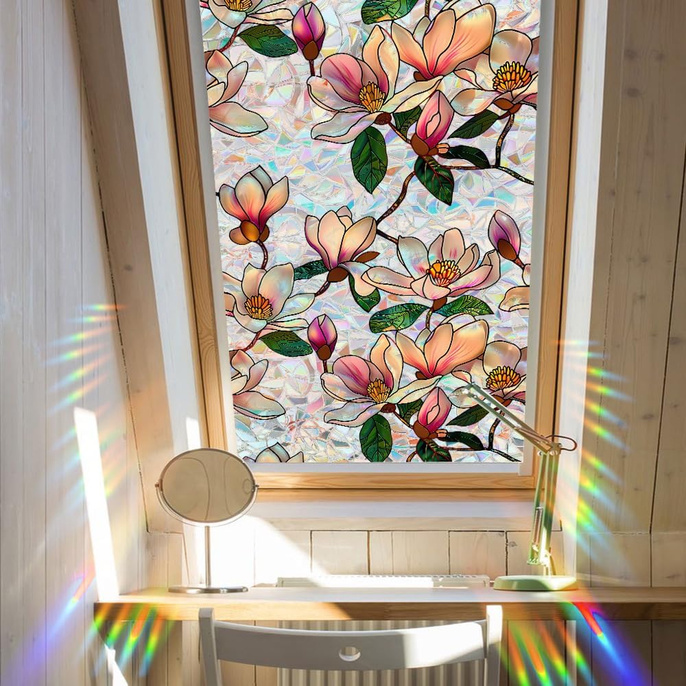 Flower Stained Glass Window Film Decorative Static Cling Stickers Sun Blocking Privacy Decals for Home Car White Lily