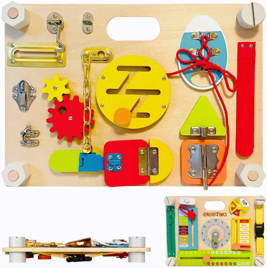 Montessori Large Double-Sided Busy Board for 1 2 3 4 Year Old- Wooden Sensory Toys -Fidget Activity Board for Toddlers Boys and Girls- Motor Skills Gifts for ADHD & Autistic Children Kids