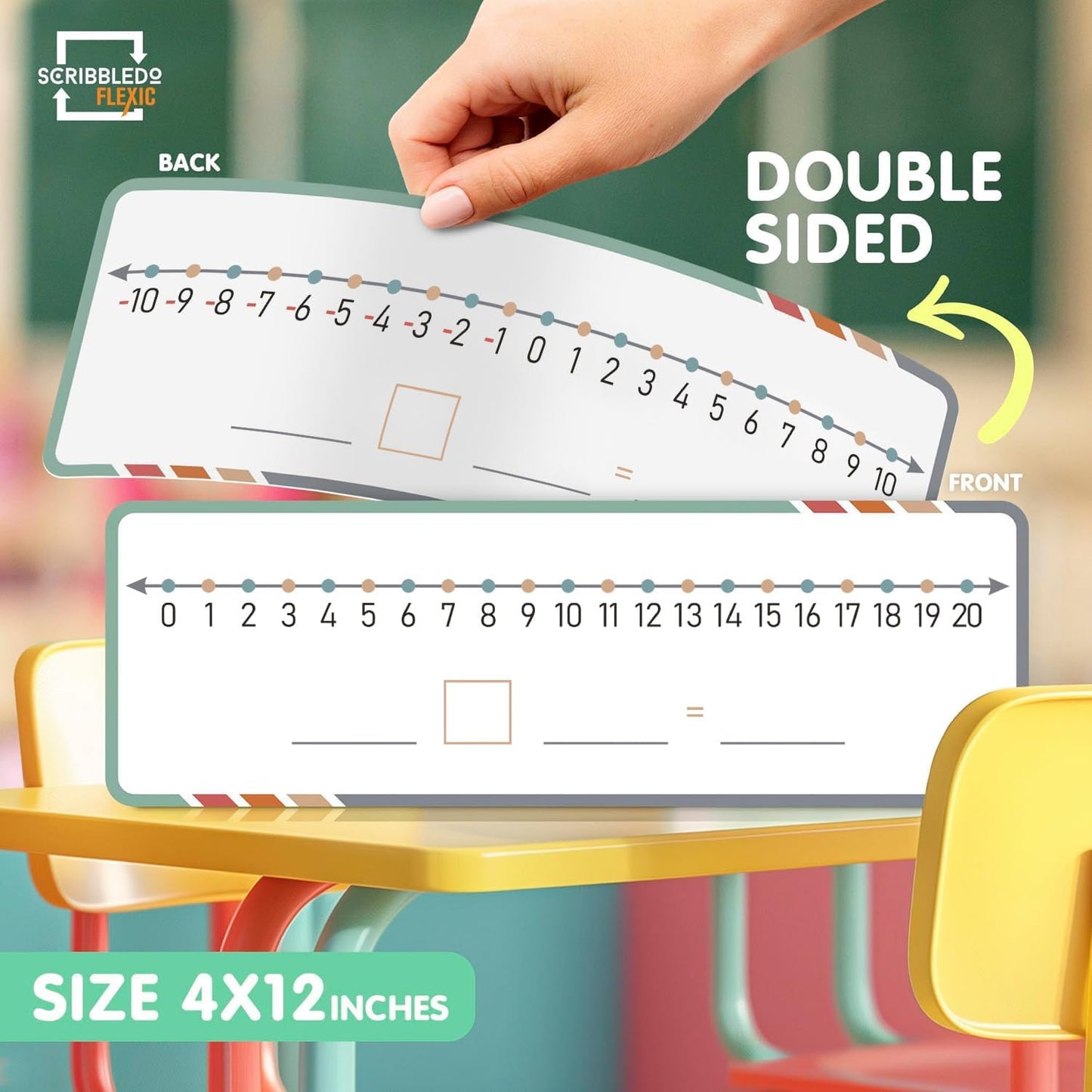 SCRIBBLEDO Dry Erase Negative Number Line for Students 4”x12” Small White Board Dry Erase Sheets Math Manipulatives Addition Subtraction Numberline for Classroom Supplies Teacher Pack 10 Sheets