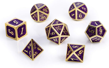 DnDnD Heavy Polyhedral Metal Dice Set with Metal Box, 7-die Shiny Blue Surface with Golden Number for RPG,Dungeons and Dragons,Pathfinder,Shadowrun,D&D,Role Palying Game and Math Teaching - Colors A
