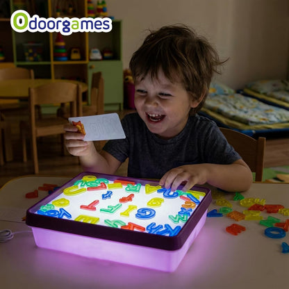Odoorgames Light Box with Shapes & Cards Set – Light Table for Kids, Educational Toys for Tracing, Sensory Play & Early Learning (Cyan)