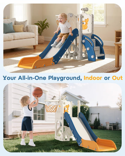 BIERUM Toddler Slide for Kids,6-in-1 Indoor Outdoor Toddler Slides Playground with Basketball Hoop, Golf Game & Telescope, L-Shaped Baby Slide Climber Playset, Cream&Gray