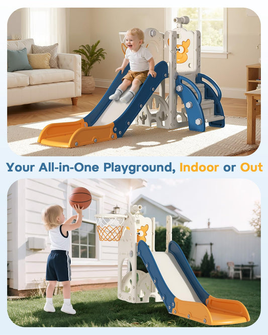 BIERUM Toddler Slide for Kids,6-in-1 Indoor Outdoor Toddler Slides Playground with Basketball Hoop, Golf Game & Telescope, L-Shaped Baby Slide Climber Playset, Cream&Gray