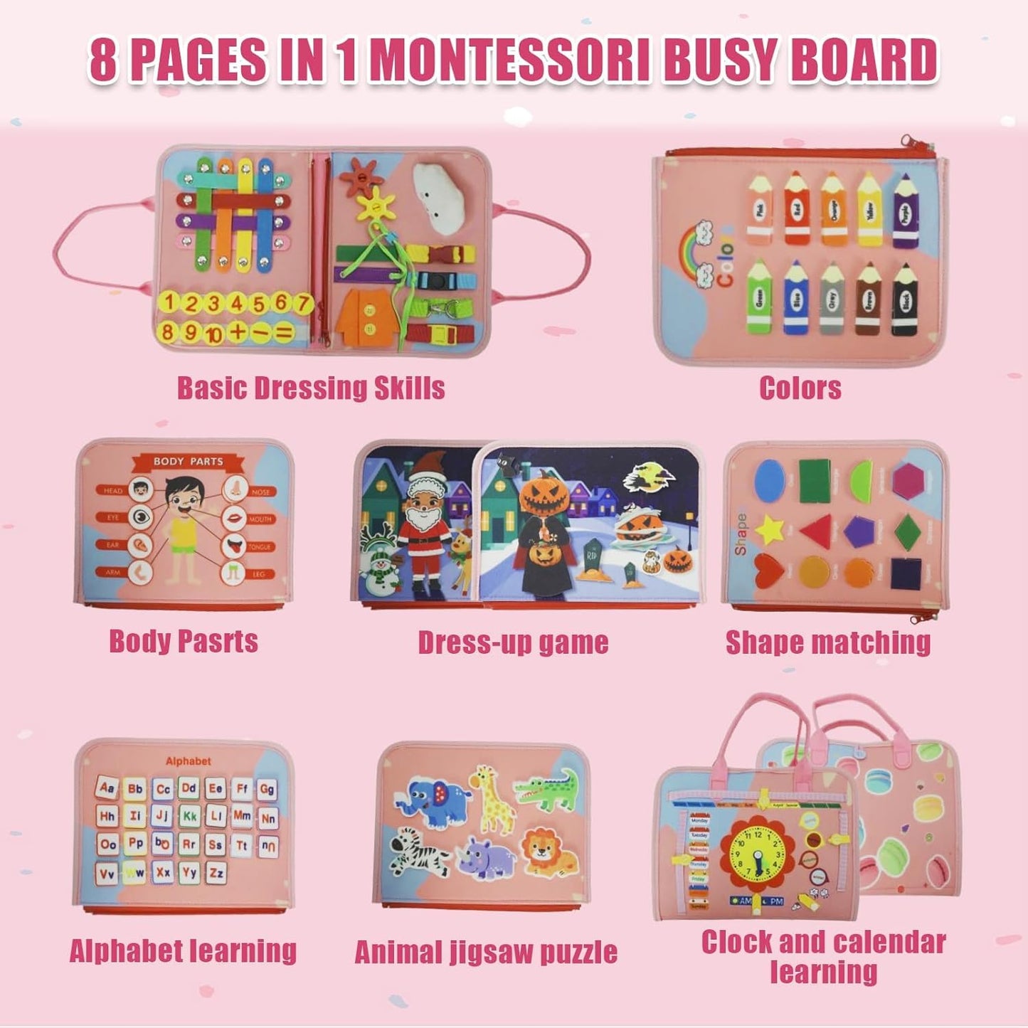 Toddler Busy Board-Montessori Toys for Boy Girl Birthday Gift, Sensory Learning Toys for Toddlers Busy Book, Airplane Car Travel Activities Toy,Learn Fine Motor Skills
