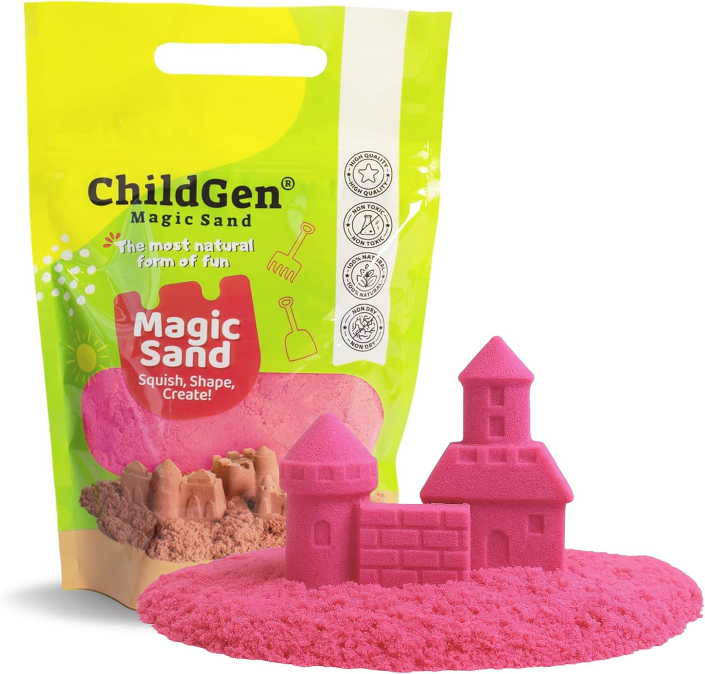 ChildGen Magic Sand, 2lbs Natural Sea Sand in Resealable Bag, Non-Toxic Play Sand for Kids, Soft, Moldable, Mess-Free Sensory Play (Green)