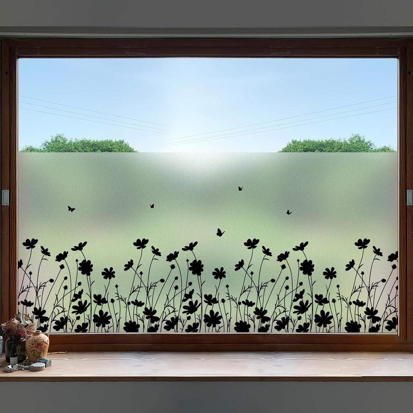DKTIE Window Privacy Film Flowers Pure White Pattern Stained Glass Window Film Decorative Frosted Glass Window Film Sun Blocking Heat Control Static Cling (A274, 17.5" x 78.7")