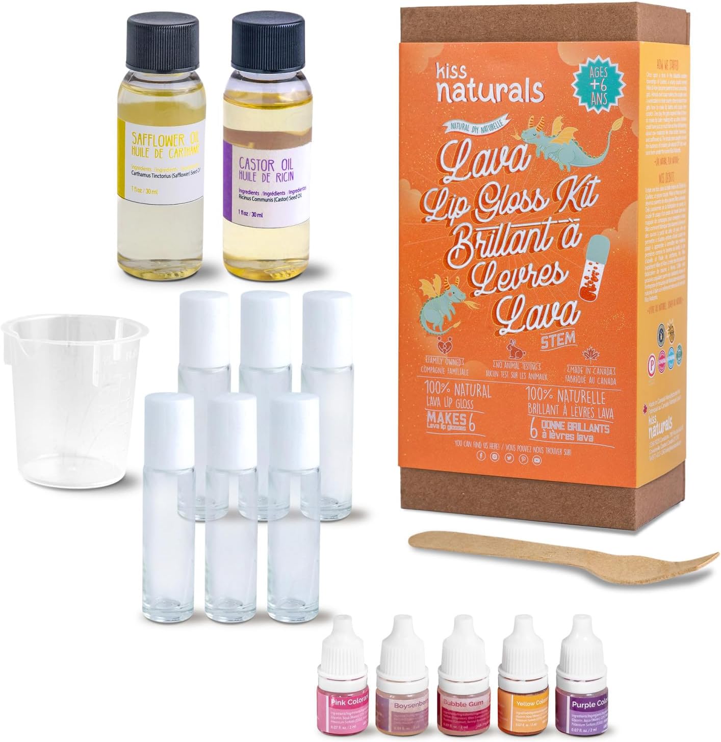Kiss Naturals - Lava Lip Gloss Kit - With Organic Castor Oil, Safflower Oil, Coconut Oil - STEM DIY Science Kit - Make 6 Lip Gloss - 2 Natural Flavors - Birthday, Holiday, Party Gift for Girls