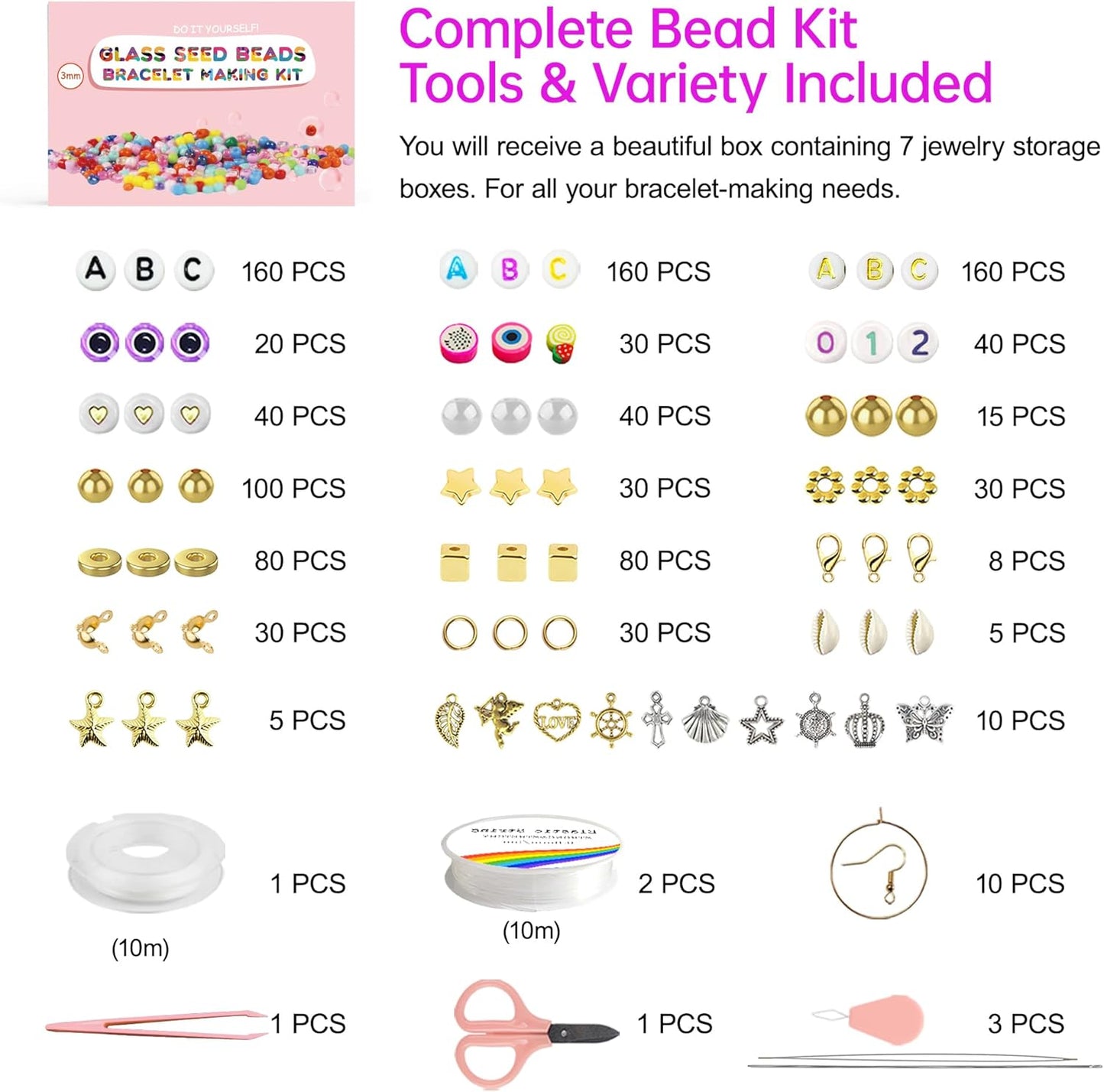 Redtwo 4mm Glass Seed Beads for Jewelry Bracelet Making Kit, Small Beads Friendship Bracelet Kit, Tiny Waist Beads with Letter Beads and Elastic String, DIY Art Craft Girls Gifts