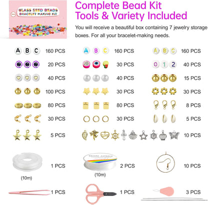 Redtwo 4mm Glass Seed Beads for Jewelry Bracelet Making Kit, Small Beads Friendship Bracelet Kit, Tiny Waist Beads with Letter Beads and Elastic String, DIY Art Craft Girls Gifts