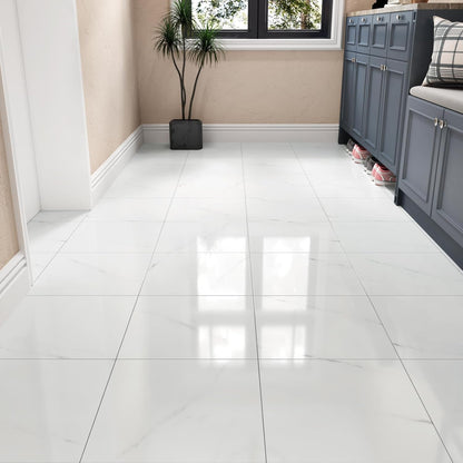 Wallercity White Marble Peel and Stick Vinyl Floor Tiles 6-Pack 12x12 Inches Self Adhesive Waterproof Flooring Planks for Bathroom Kitchen Bedrooms Stick on Floor Tiles Laminate Sheets Vinyl Flooring