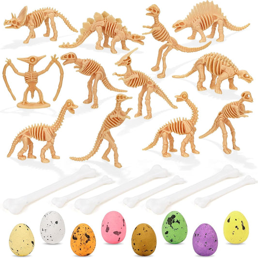 54 PCS Dinosaur Fossil Skeletons, Assorted Dinosaur Skeleton Figures with Colorful Foam Dinosaur Eggs and Plastic White Bones for Science Dino Sand Dig Party Favor Decorations（B）