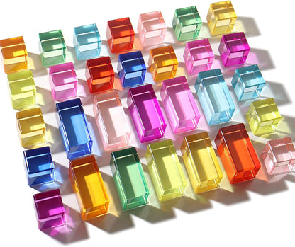 30 Pcs Mixed Acrylic Blocks Set - 10 Long (2.5x2.5x5CM) + 20 Cube (2.5x2.5x2.5CM) Rainbow Gem Blocks, Sensory Stacking Toy for 1 2 3 4 Years Old, Boys Girls Gift with Rich Building Possibilities